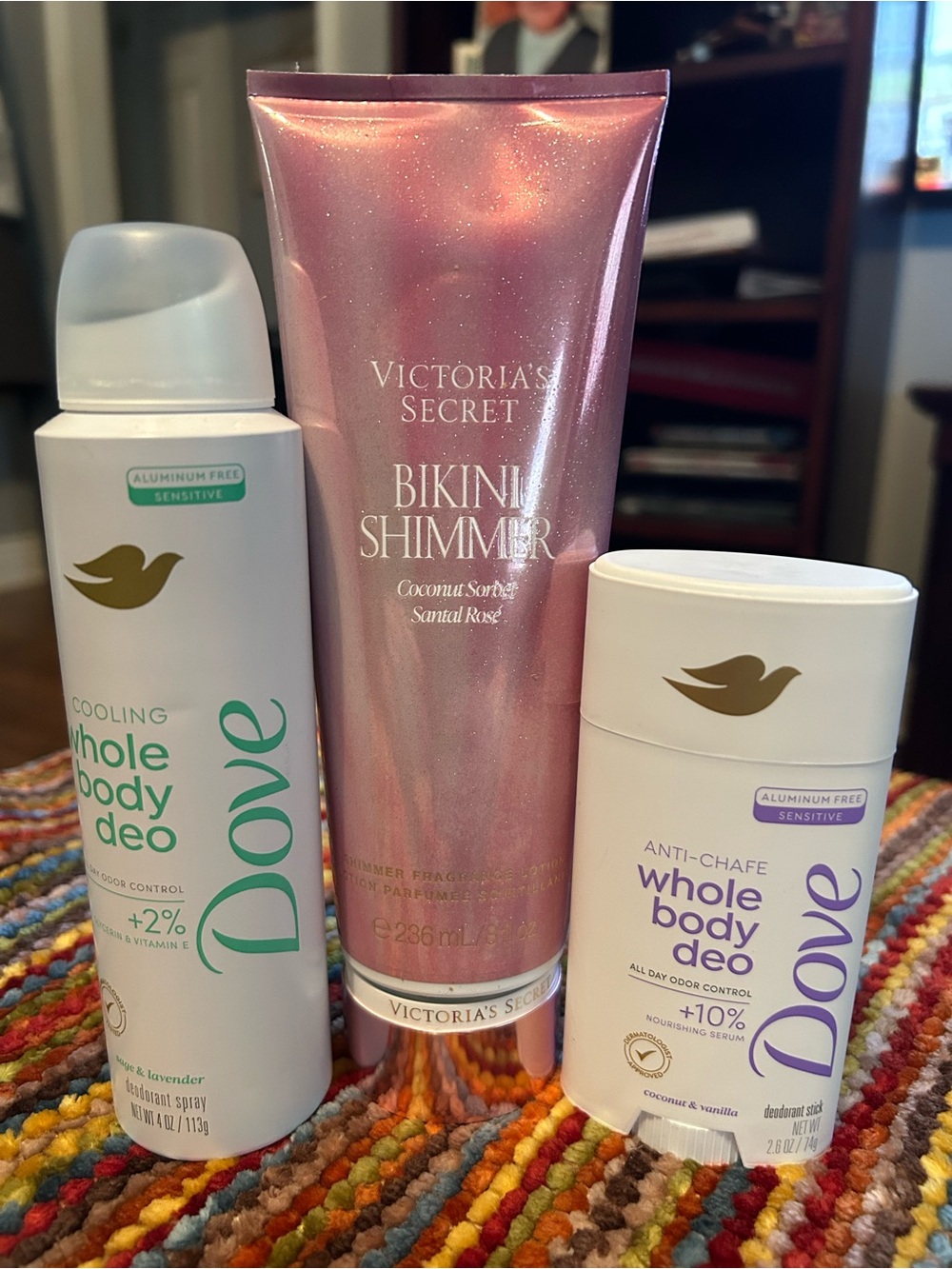 Victoria's Secret bikini shimmer coconut rose lotion &Dove Whole Body Deo bundle